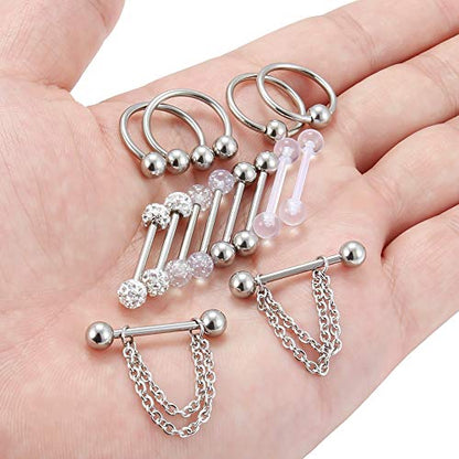 Hoeudjo 14Pcs 14G Surgical Steel Chain Dangle Nipple Rings Barbell Piercing Jewelry Retainer for Women - color: 7 Pairs/14G/Silver-tone