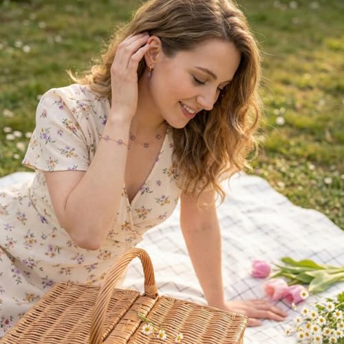 Daisy Pearl Jewelry Set for Women, 14K Gold Plated Stainless Steel Necklace Bracelet Earring 3 Piece Set, Dainty Pearl Choker Flower Necklace Birthday Gift for Her - color: Purple