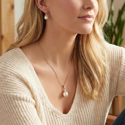 Mariell Pearl Drop Bridal Necklace Earrings Set with CZ Crystals for Bride, Bridesmaid, Birthday Gift - color: Rose Gold Necklace Earrings Set
