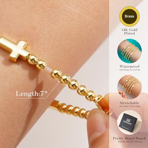 M MOOHAM Gold Beaded Charm Bracelets for Women Girls Non Tarnish | 14K Gold Plated, Dainty CZ Heart Smile Face Cross Charm Stretch Bead Bracelet for Women Teenage Teen Girls - color: Cross