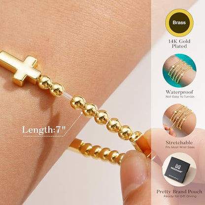 M MOOHAM Gold Beaded Charm Bracelets for Women Girls Non Tarnish | 14K Gold Plated, Dainty CZ Heart Smile Face Cross Charm Stretch Bead Bracelet for Women Teenage Teen Girls - color: Cross