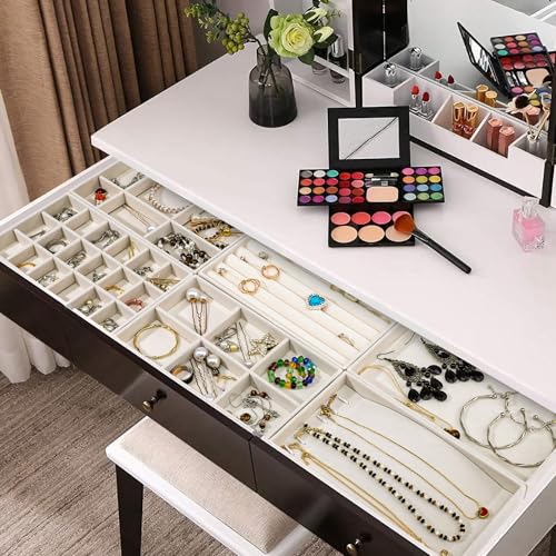 Stackable Jewelry Organizer Trays, 6-Piece Velvet Set, Beige | Removable Dividers, Soft Velvet Lining, Stackable Drawer Trays For Rings, Earrings, Bracelets And Necklaces - color: Beige