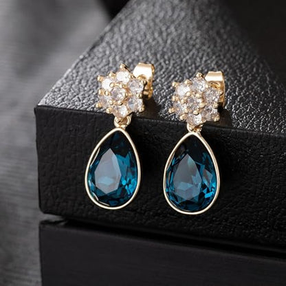 Elegant Austrian Crystal Teardrop Dangle Earrings for Women,14K Gold Plated Flower Drop Earrings Jewelry Gift for Birthday Wedding Anniversary - color: Denim Blue