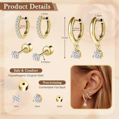 14K Gold Hoop Dangle Stud Earrings Surgical Steel Helix Piercing | Hypoallergenic,Cubic Zirconia,3 Pairs Huggie Hoop Set for Women,Dangle Stud,Cartilage Tragus Conch Earring,Jewelry Gift - color: A5-Gold Round CZ B
