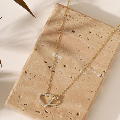 Gold Necklace for Women, 14K Gold Plated Cubic Zirconia Pendant Necklace, Dainty Heart Moon Circle Paperclip Jewelry for Layering, Everyday Birthday Gift - color: Gold Interlocking Heart