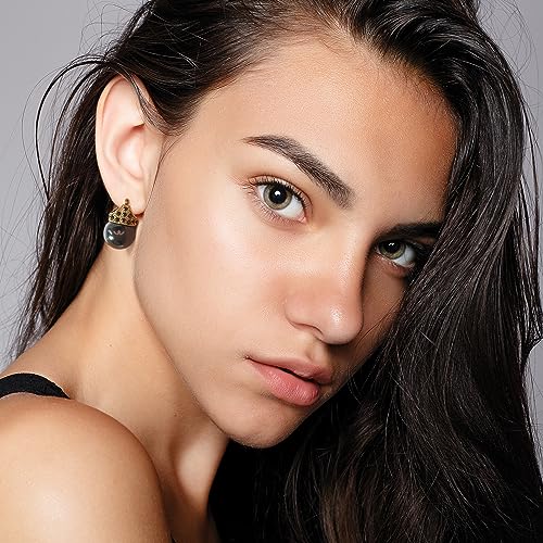 Glass Pearl Earrings Crystal Accent Crown Shape for Wedding, Bridal, Formal & Fashion - color: Black/Gold