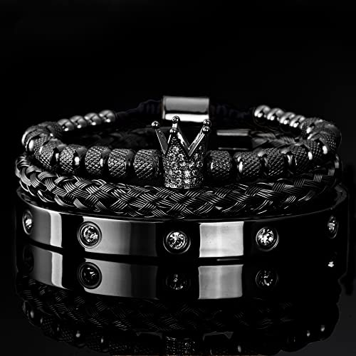 WFYOU 3PCS Stainless Steel Imperial Crown Bracelets for Men Gold Roman Numeral Bangle Bracelet Adjustable Cuff Bracelet Mens Luxury Jewelry Gifts - style: 01:Black-Cubic Zirconia