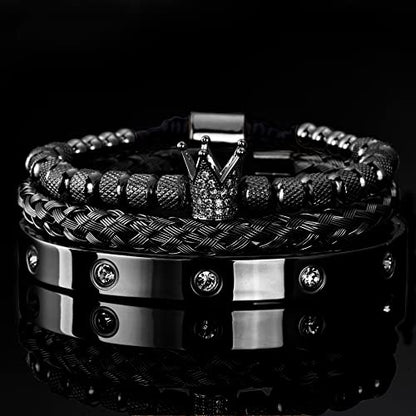 WFYOU 3PCS Stainless Steel Imperial Crown Bracelets for Men Gold Roman Numeral Bangle Bracelet Adjustable Cuff Bracelet Mens Luxury Jewelry Gifts - style: 01:Black-Cubic Zirconia
