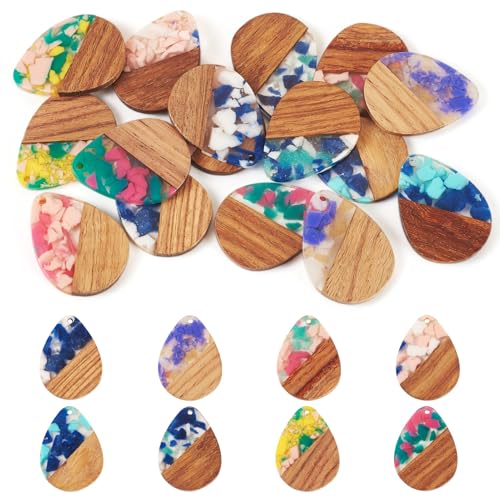 Beadthoven 16pcs/8 Pairs Natural Wood Resin Charms DIY Earrings Pendants Teardrop Geometric Wood Pendants Bohemian Wooden Pieces for Statement Jewelry Making Findings Women Necklaces - color: Chips-Drops