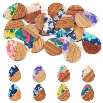 Beadthoven 16pcs/8 Pairs Natural Wood Resin Charms DIY Earrings Pendants Teardrop Geometric Wood Pendants Bohemian Wooden Pieces for Statement Jewelry Making Findings Women Necklaces - color: Chips-Drops