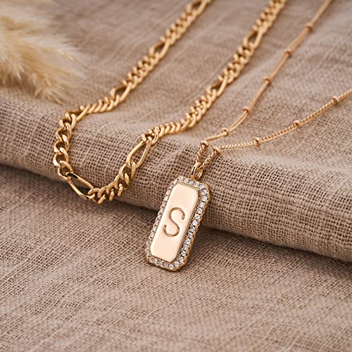 Gold Initial Necklace for Women 14K Gold Plated Figaro Chain Choker Layered Necklaces Set Bar Rectangle Pendant Necklaces Simple Dainty Letter Necklace Everyday Gold Jewelry - style: Letter S