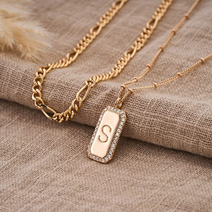 Gold Initial Necklace for Women 14K Gold Plated Figaro Chain Choker Layered Necklaces Set Bar Rectangle Pendant Necklaces Simple Dainty Letter Necklace Everyday Gold Jewelry - style: Letter S