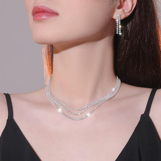 Gold Statement Choker Necklace for Women – Trendy Silver Long Layered Snake Chain Drop Necklace, Elegant Prom Party Jewelry Gift, Delicate Accessories for Her - color: B-Silver inlaid zircon necklace earrings two-piece set