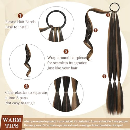 Long Braid Ponytail Extension with Hair Tie Straight Sleek Wrap Around Hair Extensions Braid Pony Tail Fluffy Natural Soft Synthetic Hairpieces for Women Daily Wear, 26 inch-Brown with Blonde | Long Synthetic Braids Extensions for Women Daily Braids 26 in