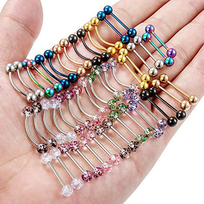 Hoeudjo 48PCS 16G Straight & Curved Barbells Snake Eyes Tongue Rings Surgical Steel Nipple Ring Nipplerings Piercing Jewelry for Women Men 14MM-16MM