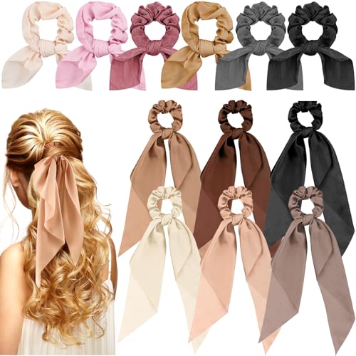 12 Pcs Hair Accessories for Women Hair Bows Scrunchies Scarf Ties Bunny Ears Silk Satin Scrunchies Hair Ribbons Hair Scarf Hair Ties with Bows for Women Lady(Dark Color) - color: Dark Color