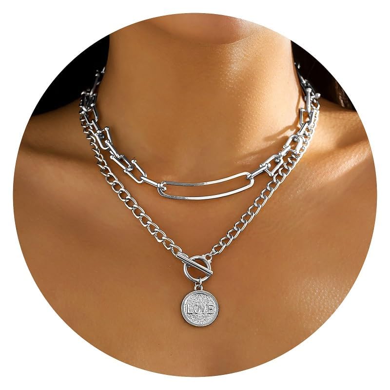 MJartoria Gold Layered Necklaces for Women Trendy Retro Coin Pendant Necklace Chunky Chain Necklaces for Jewelry Birthday Gifts (Silver)
