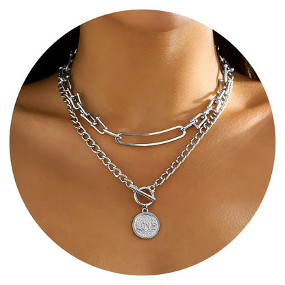 MJartoria Gold Layered Necklaces for Women Trendy Retro Coin Pendant Necklace Chunky Chain Necklaces for Jewelry Birthday Gifts (Silver)