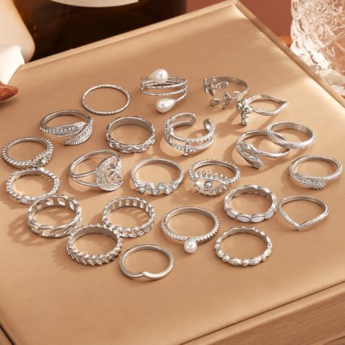 Golden Knuckle Rings Set for Women, 14k Golden Plated Open Stacking Knuckle Midi Rings Dainty Cubic Zirconia Crystal Simple Hollow Cute Rings Pack Jewelry Gifte - color: Silvery 23PCS