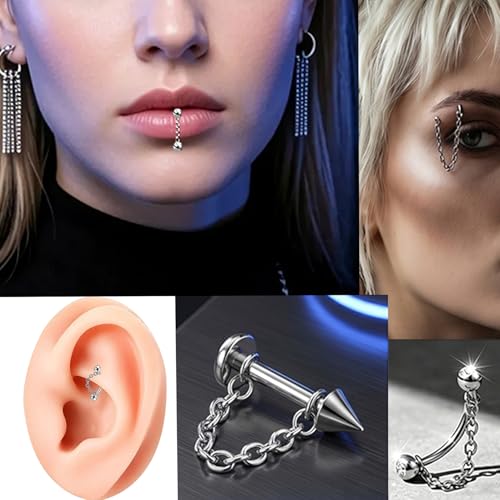 5 Pcs 316L 16G Lip Rings Snake Bite Jewelry Eyebrow Rings Tragus Helix Rook Piercing Jewelry with Chain, Stainless Steel Cartilage Earrings, Belly Button Ring Vertical Labret Lip Piercing Set - color: Silver:8mm