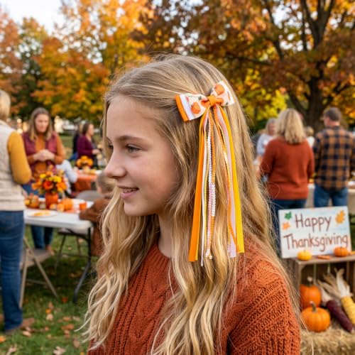 2PCS Fall Hair Bows with Long Streamers 3.54 Inch Hair Clips | Handmade Grosgrain Ribbon, Sparkling Sequin, 7.1 Inch Tail, for Ponytails, Thanksgiving Halloween Holiday Hair Accessories - color: Pumpkin