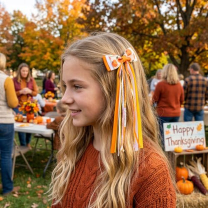 2PCS Fall Hair Bows with Long Streamers 3.54 Inch Hair Clips | Handmade Grosgrain Ribbon, Sparkling Sequin, 7.1 Inch Tail, for Ponytails, Thanksgiving Halloween Holiday Hair Accessories - color: Pumpkin