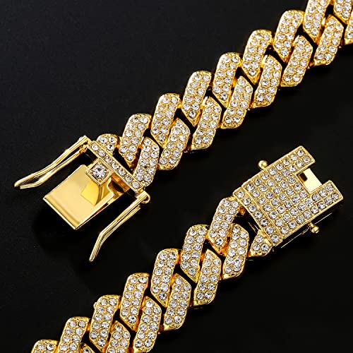 JUNVirtuous 2 Pieces Cuban Link Chain Mens Iced Out Miami Cuban Necklace and Bracelet Silver Bling Diamond Hip Hop Jewelry for Men and Women… - color: Gold, style: 8" Bracelet and 18" Necklace
