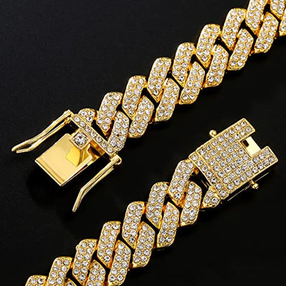 JUNVirtuous 2 Pieces Cuban Link Chain Mens Iced Out Miami Cuban Necklace and Bracelet Silver Bling Diamond Hip Hop Jewelry for Men and Women… - color: Gold, style: 8" Bracelet and 20" Necklace