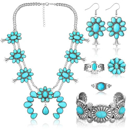 Ecally Bohemian Western Jewelry Turquoise Set Women Country Pendant Long Choker Layered Bracelets Earrings Ring for Women - color: Turquoise, style: Offbeat