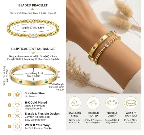 18K Gold Plated Blue Crystal Bangle Bracelet Set for Women, Stackable Adjustable Tennis Bracelet, Elegant Luxury Jewelry for Wedding, Cocktail Party, Anniversary and Formal Occasions