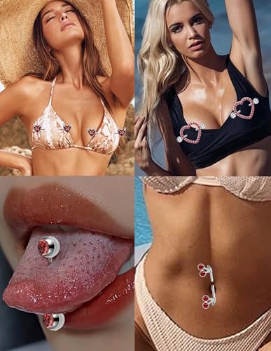 8 Pairs Nipple Rings 14G Stainless Steel Heart Cherry Apple Devil CZ Acrylic Ball Stud Barbell Tongue Rings Set Cute Nipplerings Piercing Jewelry for Women Red Silver Tone - color: Red1