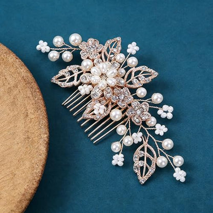 Flower Leaf Design Wedding Hair Comb, Metal Bridal Hair Accessory with Rhinestone, Wedding Prom Hair Clip Headpiece for Women (Gold Flower CZ) - color: Gold Flower CZ