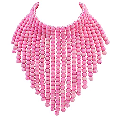 Coiris Boho African Wooden or Acrylic Beaded Bib Statement Necklace Strands Layered Cluster Chunky Collar Choker Wood Necklace for Women Fashion Costume Jewelry - color: Pink