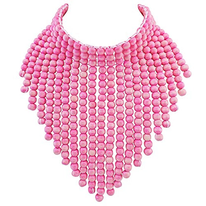 Coiris Boho African Wooden or Acrylic Beaded Bib Statement Necklace Strands Layered Cluster Chunky Collar Choker Wood Necklace for Women Fashion Costume Jewelry - color: Pink