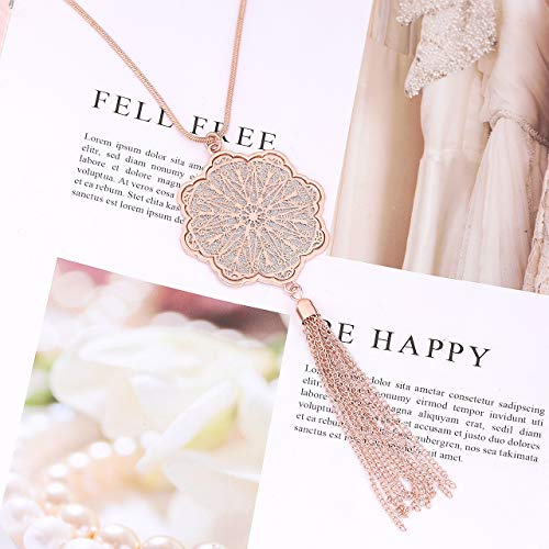 MOLOCH Long Necklaces For Woman Disk Circle Pendant Necklaces Tassel Fringe Necklace Set Statement Pendant - color: floral-shaped-rose gold
