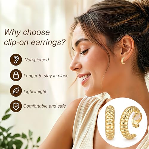 Mikovivi 10 Pairs Gold-Tone Clip On Earrings for Women, Non Pierced No Piercing Ear Clips with Knot CZ & Pearl Twist Design Chunky Hoop Studs Clip Earrings for Women Daily Work or Party Jewelry Gift