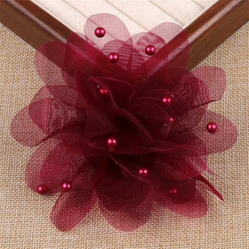 13cm/5in Beaded Mesh Flower Brooch Pin for Women Girls Dainty Round Shell Pearl Ball Beads Camellia Peony Flowers Brooches Lapel Hair Pins Elegant Wedding Anniversary Accessories Jewelry - color: Wine Red