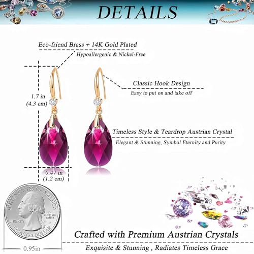 Austrian Crystal Teardrop Dangle Drop Earrings for Women 14K Gold Plated Hook Earring Hypoallergenic Jewelry Gifts for Women Girls - color: Fuchsia