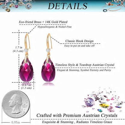 Austrian Crystal Teardrop Dangle Drop Earrings for Women 14K Gold Plated Hook Earring Hypoallergenic Jewelry Gifts for Women Girls - color: Fuchsia