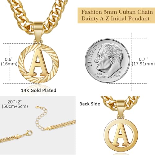 KissYan Initial Pendant Necklaces for Women Men | 14K Gold Filled/White Gold Plated, Hollow Round Letter Capital Monogram Charm with 5mm Cuban Chain, Alphabets from A-Z - color: Gold, style: K