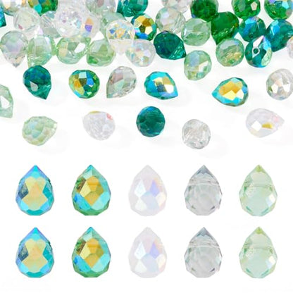 Beadthoven 50pcs Green Teardrop Glass Beads Faceted Crystal Beads for Jewelry Making Suncatcher Prism Hanging Pendants Top Drilled Water Drop Briolette Spacers for DIY Necklace Bracelet Earring Crafts - color: Green