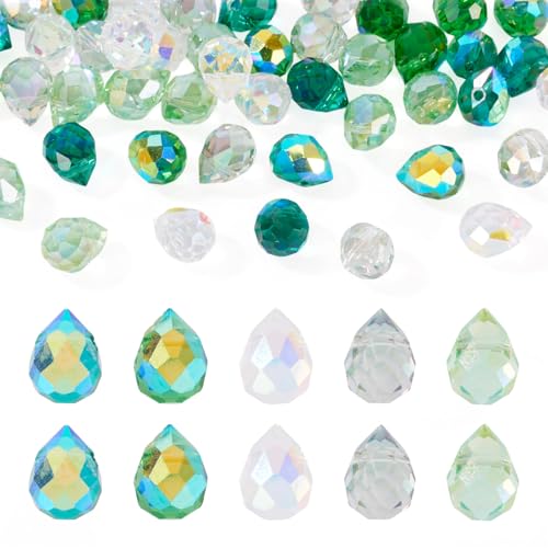 50Pcs Green Faceted Glass Teardrop Beads Electroplate Transparent Crystal Teardrop Charm Beads Top Drilled Drop Spacer Bead Water Drop Chandelier Charms for Earring Necklace Jewelry Making - color: Green