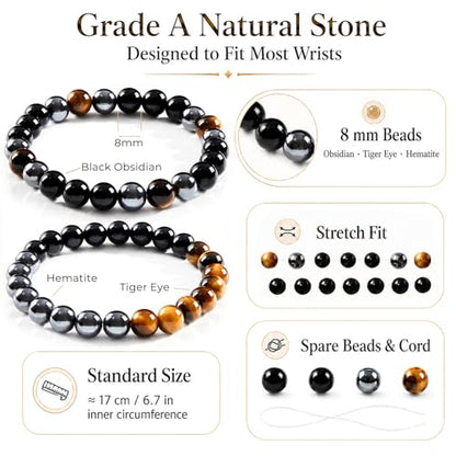 Triple Protection Bracelet Set, Healing Crystal Beaded Bracelets, Genuine Tiger Eye Black Obsidian Hematite, Gift for Men and Women, Natural Stone Jewelry for Grounding Energy and Stress Relief - color: Guardian Stack