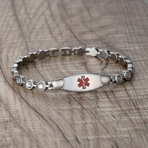 LinnaLove Fashion Shiny medical alert bracelet with Free Engraving Stainless steel Medical id bracelet for Women - color: Crystal heart
