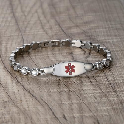 LinnaLove Fashion Shiny medical alert bracelet with Free Engraving Stainless steel Medical id bracelet for Women - color: Crystal heart