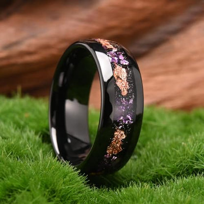 Tungsten Rings for Men and Women 8mm/4mm Men’s Wedding Bands | 8mm Black Inlaid Purple Galaxy Opal Fashion High Polished Suitable for engagement and anniversary parties comfortable fit - color: 8mm gold and purple