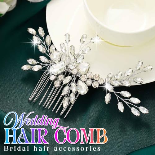 HEREAD Rhinestone Bride Wedding Hair Comb Silver Crystal Bridal Hair Pieces Hair Accessories for Women (Silver)