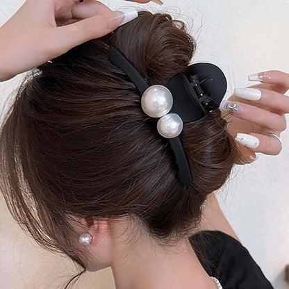 Pearl Claw Clips - Black Hair Bows - Pearl Bead Hair Clamps - Strong Hold Jaw Clip - Large Non Slip - Hair Clips for Thick & Long Hair - Fashion Hair Accessories - Jewelry for Women & Girls