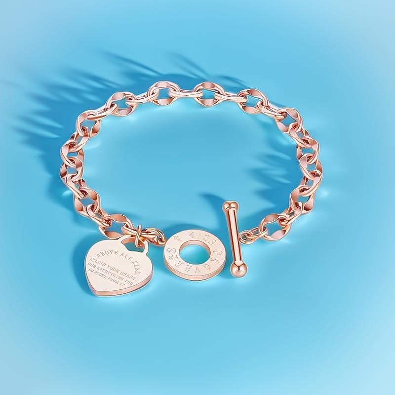 Heart Charm Bracelet Plated 18K Gold/Silver/Rose Gold Bible Scripture Heart Bracelet for Women Jewelry Gift Zircon Her Link Chain OT Clasp Stainless Steel Birthday - color: Rose Gold, size: 9.1 inch