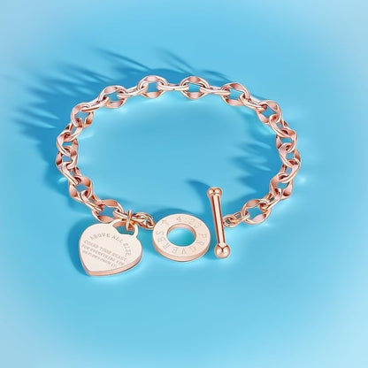 Heart Charm Bracelet Plated 18K Gold/Silver/Rose Gold Bible Scripture Heart Bracelet for Women Jewelry Gift Zircon Her Link Chain OT Clasp Stainless Steel Birthday - color: Rose Gold, size: 9.1 inch